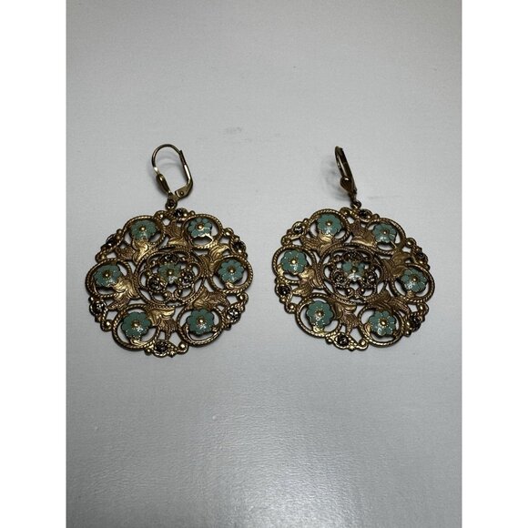 Vintage Gold Filigree Drop Earrings Turquoise Enamel Floral Boho Statement - Picture 5 of 8